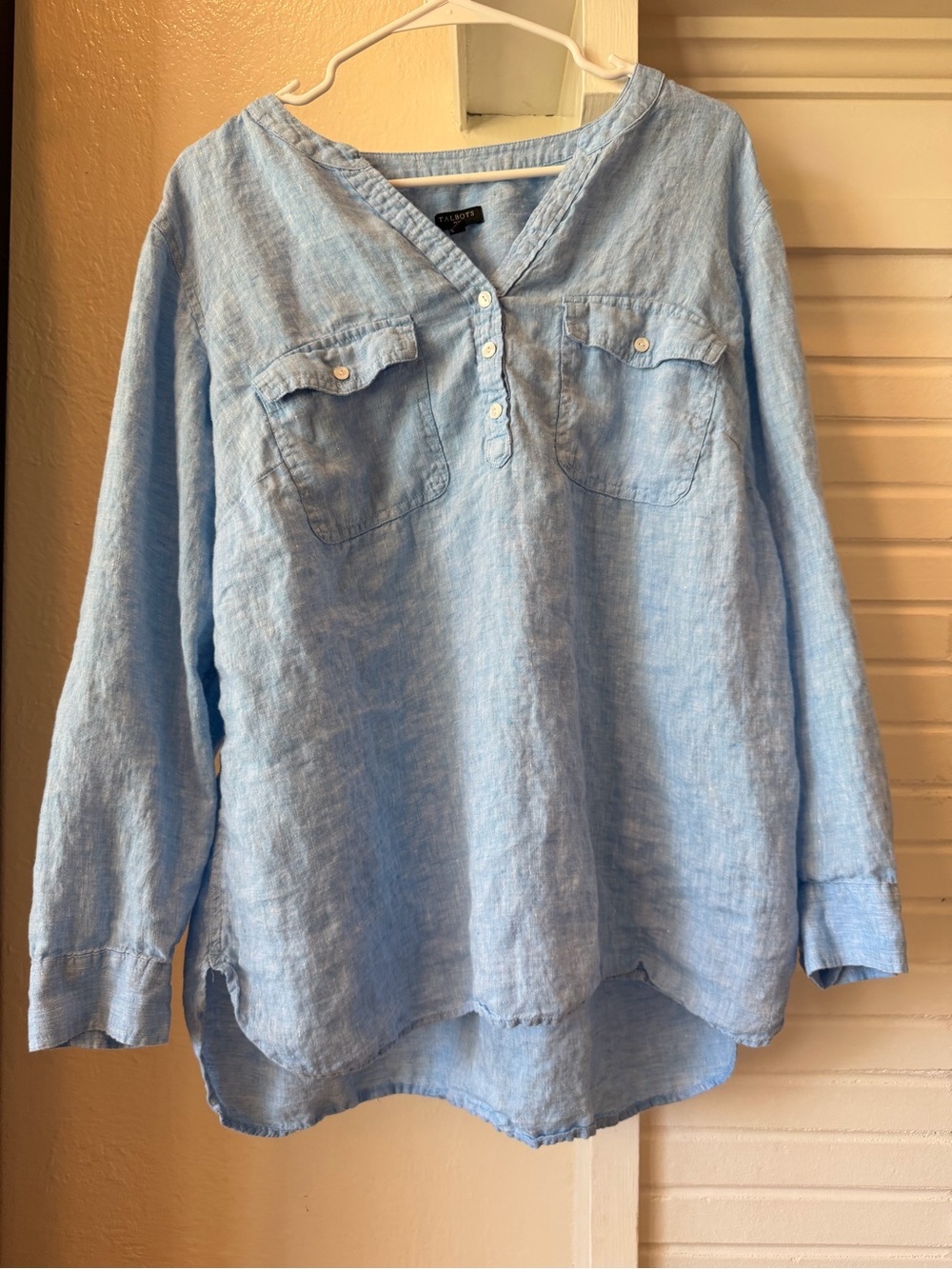 Talbots Plus 2X 100% Linen Light Blue Popover Tunic Blouse Roll Tab Sleeve